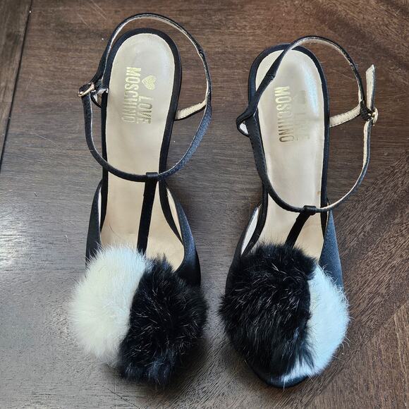 Love Moschino Satin Pom Pom Platform Heels Womens EU 37 US 7 Black Stiletto Y2K - Picture 1 of 12